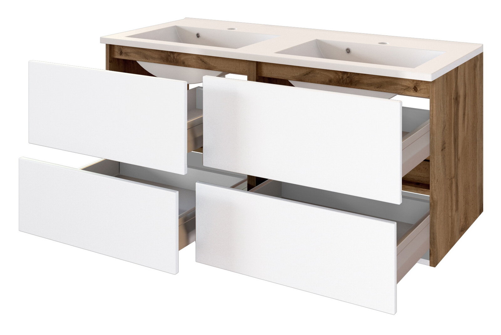 Moderner Waschplatz mit zwei Waschbecken, Holzoptik an den Seiten und vier offenen Schubladen, Perspektive von vorne.