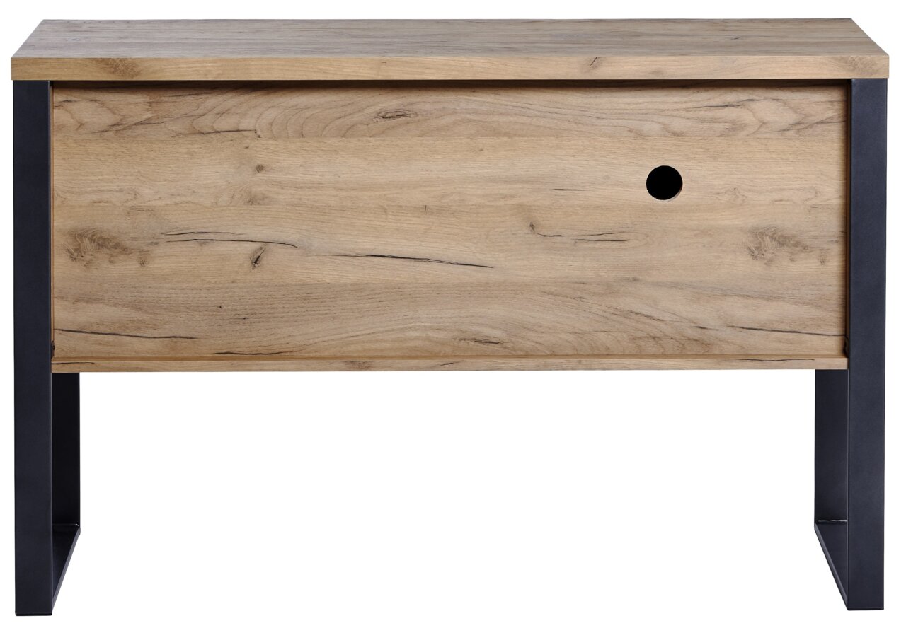 Frontale Ansicht eines modernen Sideboards aus Holz mit schwarzem Metallgestell und einer runden Öffnung auf der Vorderseite.