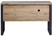 Frontale Ansicht eines modernen Sideboards aus Holz mit schwarzem Metallgestell und einer runden Öffnung auf der Vorderseite.
