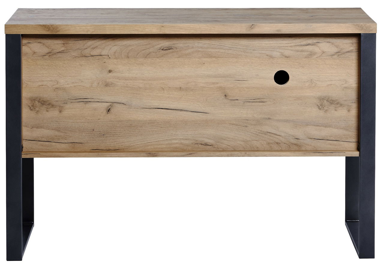Frontale Ansicht eines modernen Sideboards aus Holz mit schwarzem Metallgestell und einer runden Öffnung auf der Vorderseite.