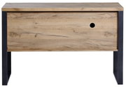 Frontale Ansicht eines modernen Sideboards aus Holz mit schwarzem Metallgestell und einer runden Öffnung auf der Vorderseite.
