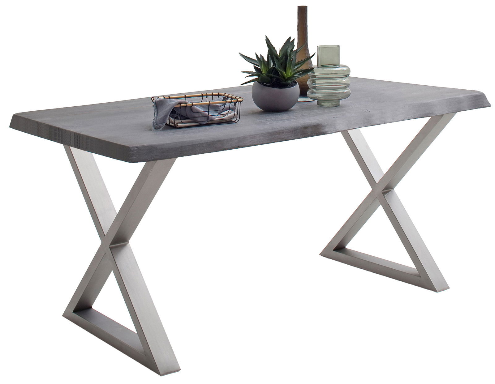 Zurbrüggen Esstisch CALABRIA Moderner Esstisch mit X-förmigen Metallbeinen und grauer Tischplatte, seitliche Perspektive