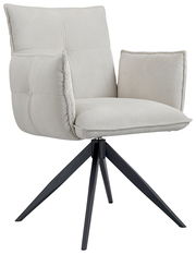 Moderner Armlehnstuhl COCO mit hellgrauem Stoffbezug und schwarzen Metallbeinen, seitliche Perspektive