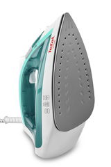 Dampfbügeleisen Virtuo von Tefal, seitliche Perspektive mit sichtbarer Bügelsohle und Griff.