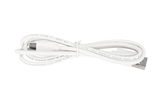 Weißes USB-Kabel mit einem USB-A-Stecker und einem runden Stecker, von oben fotografiert.
