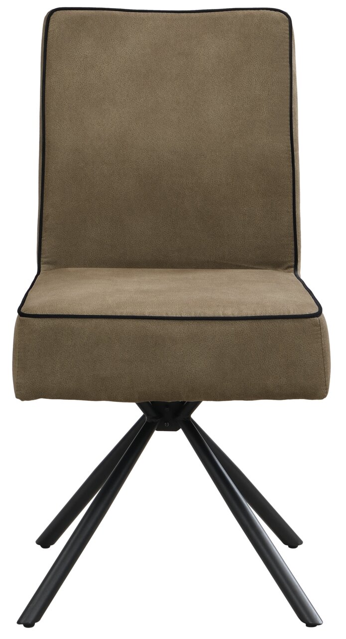 Moderner Stuhl mit braunem Polster und schwarzem Metallgestell, Frontalansicht