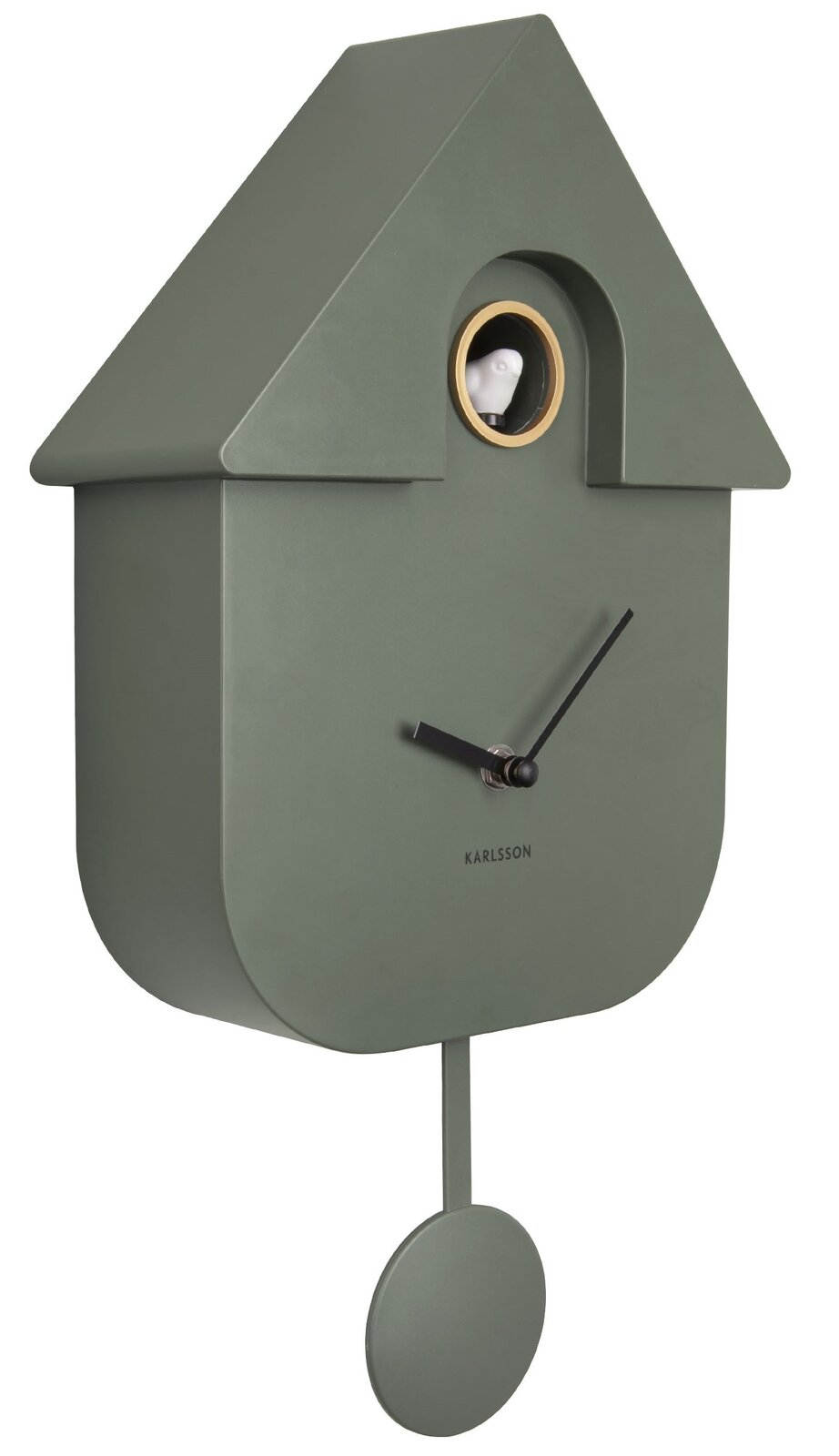 Moderne Wanduhr in Form eines Kuckucksuhrenhauses, seitliche Perspektive, mit minimalistischem Design in Grün und schwarzem Zifferblatt.