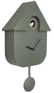 Moderne Wanduhr in Form eines Kuckucksuhrenhauses, seitliche Perspektive, mit minimalistischem Design in Grün und schwarzem Zifferblatt.
