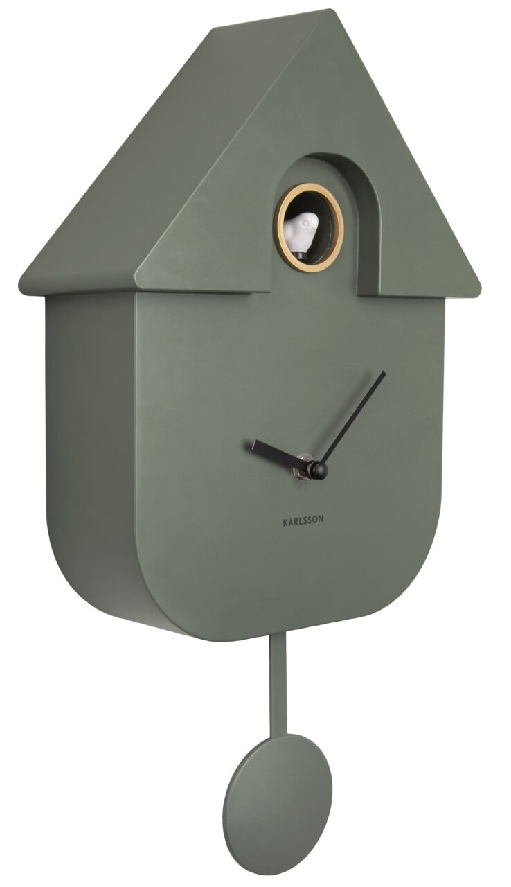 Moderne Wanduhr in Form eines Kuckucksuhrenhauses, seitliche Perspektive, mit minimalistischem Design in Grün und schwarzem Zifferblatt.