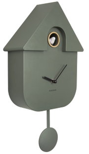 Moderne Wanduhr in Form eines Kuckucksuhrenhauses, seitliche Perspektive, mit minimalistischem Design in Grün und schwarzem Zifferblatt.