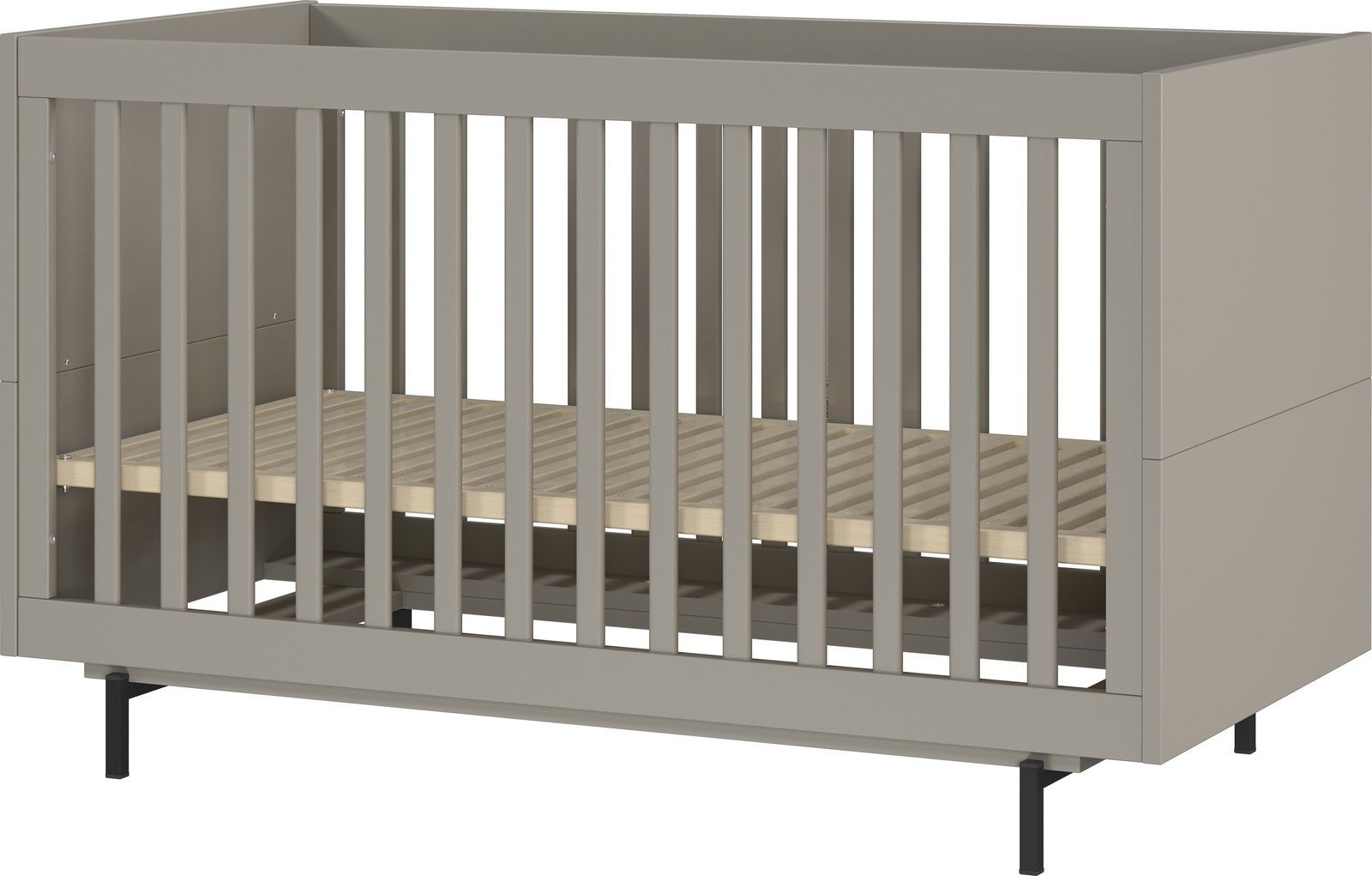 Graues Babybett mit Gitterstäben, seitliche Perspektive