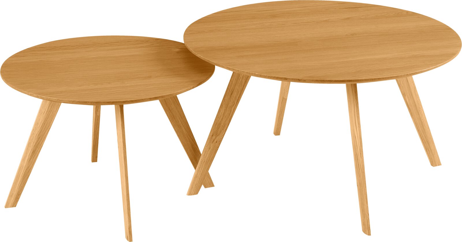 Zwei runde Couchtische aus Holz in verschiedenen Größen, aus der Vogelperspektive betrachtet.