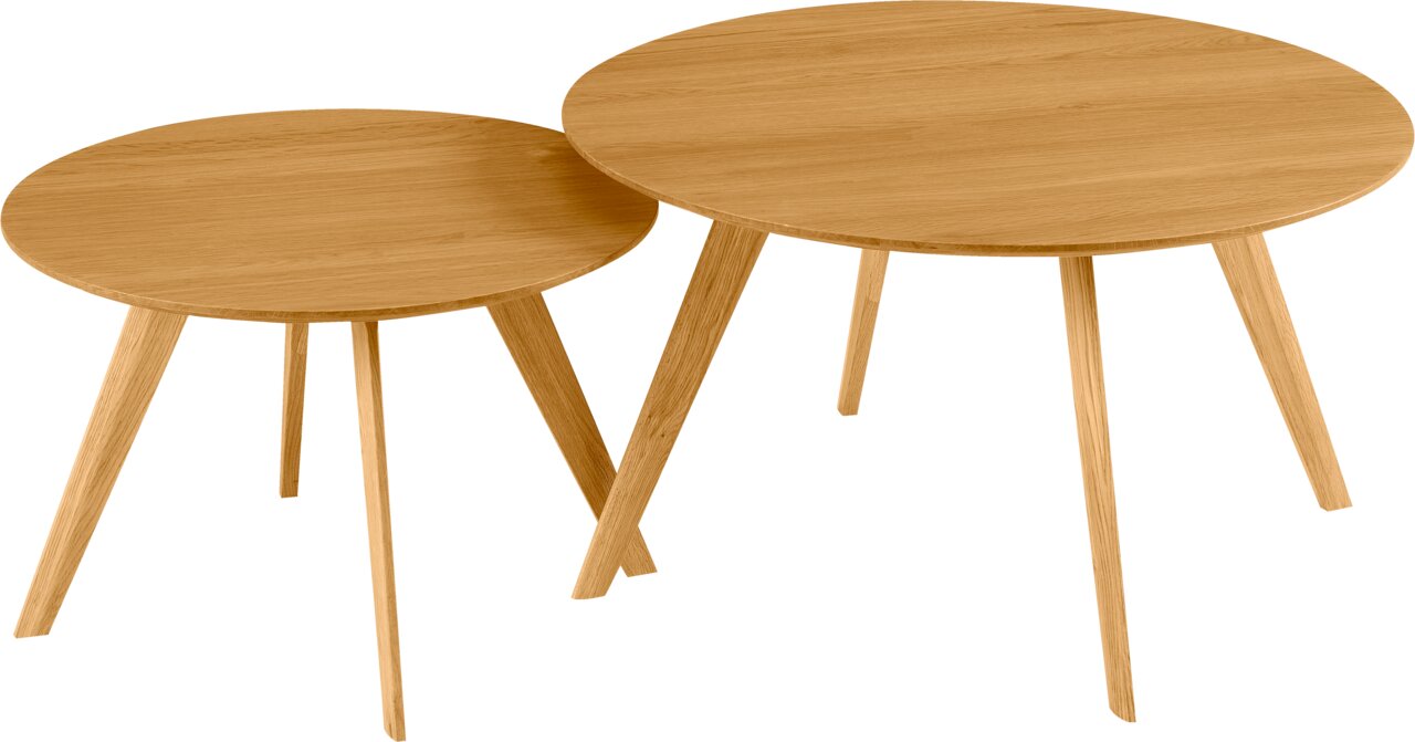Z2 Couchtisch (Set) MEAGAN Zwei runde Couchtische aus Holz in verschiedenen Größen, aus der Vogelperspektive betrachtet.