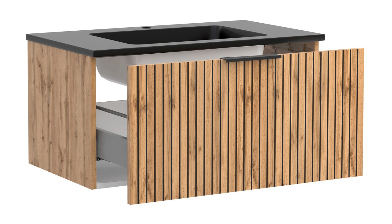 Waschtisch-Set 80 cm mit Holzoptik und schwarzer Waschbeckenoberfläche, Frontansicht