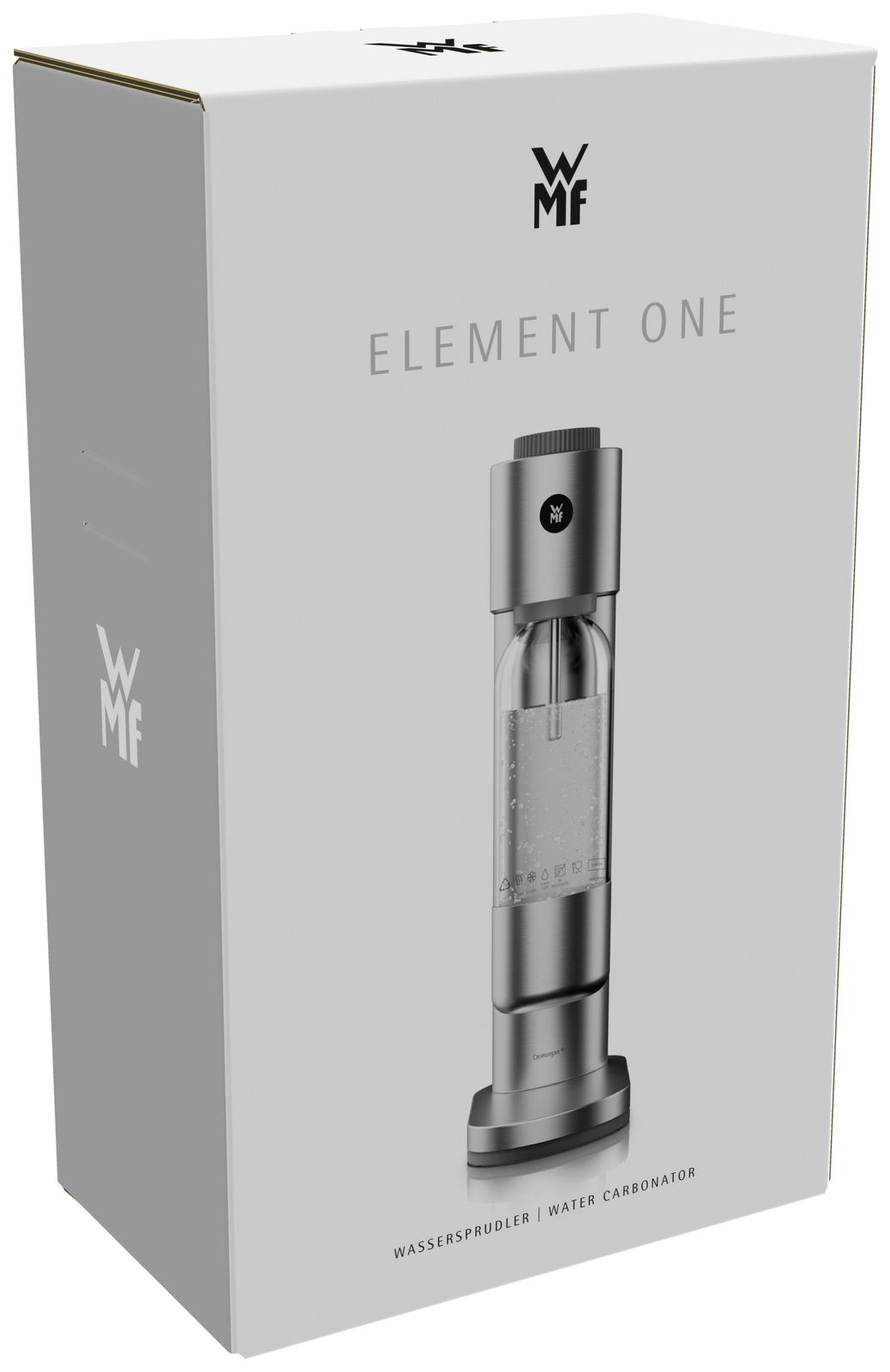 Verpackung des Wassersprudlers WMF Element One in schräger Perspektive