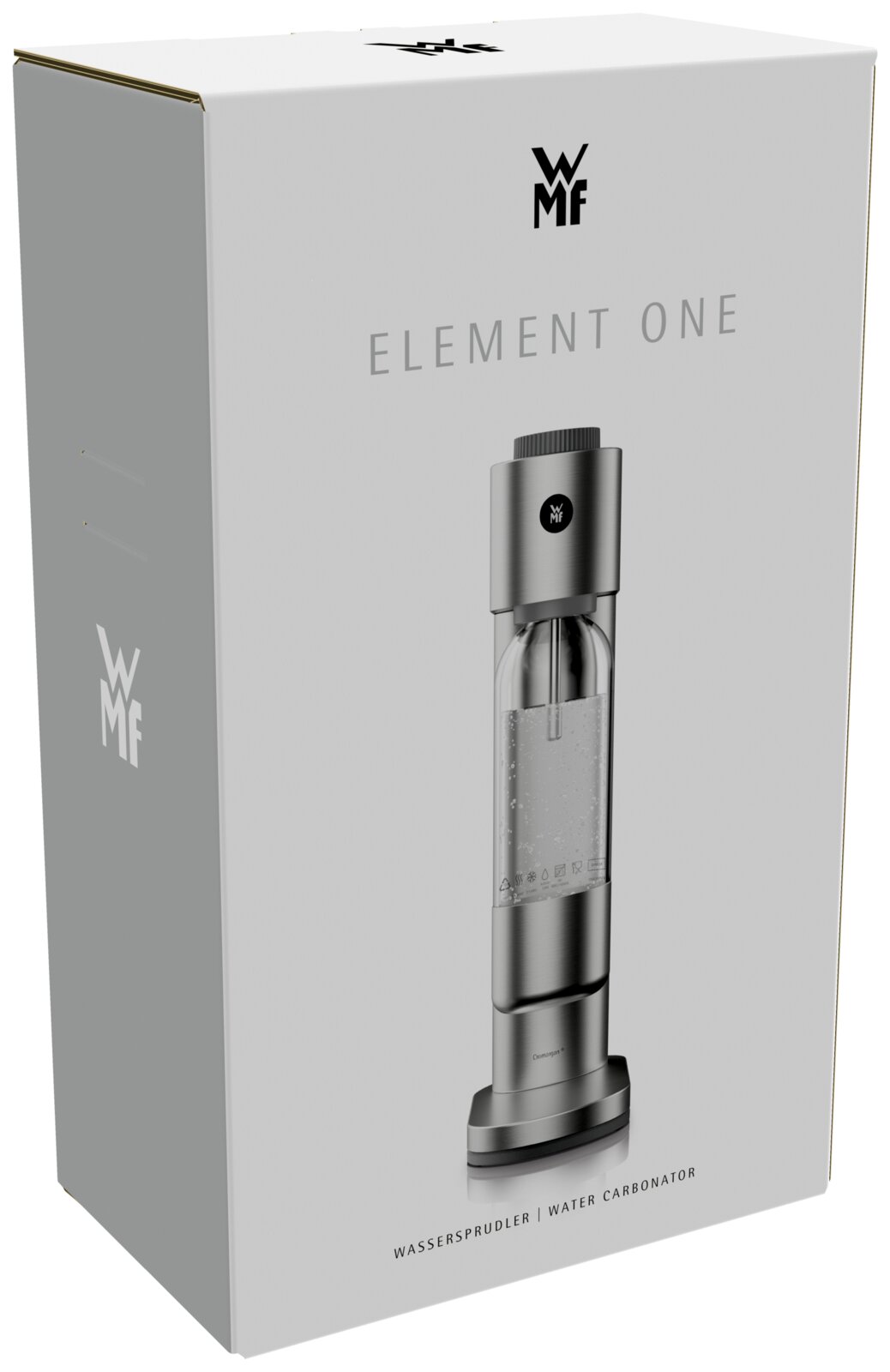 Verpackung des Wassersprudlers WMF Element One in schräger Perspektive
