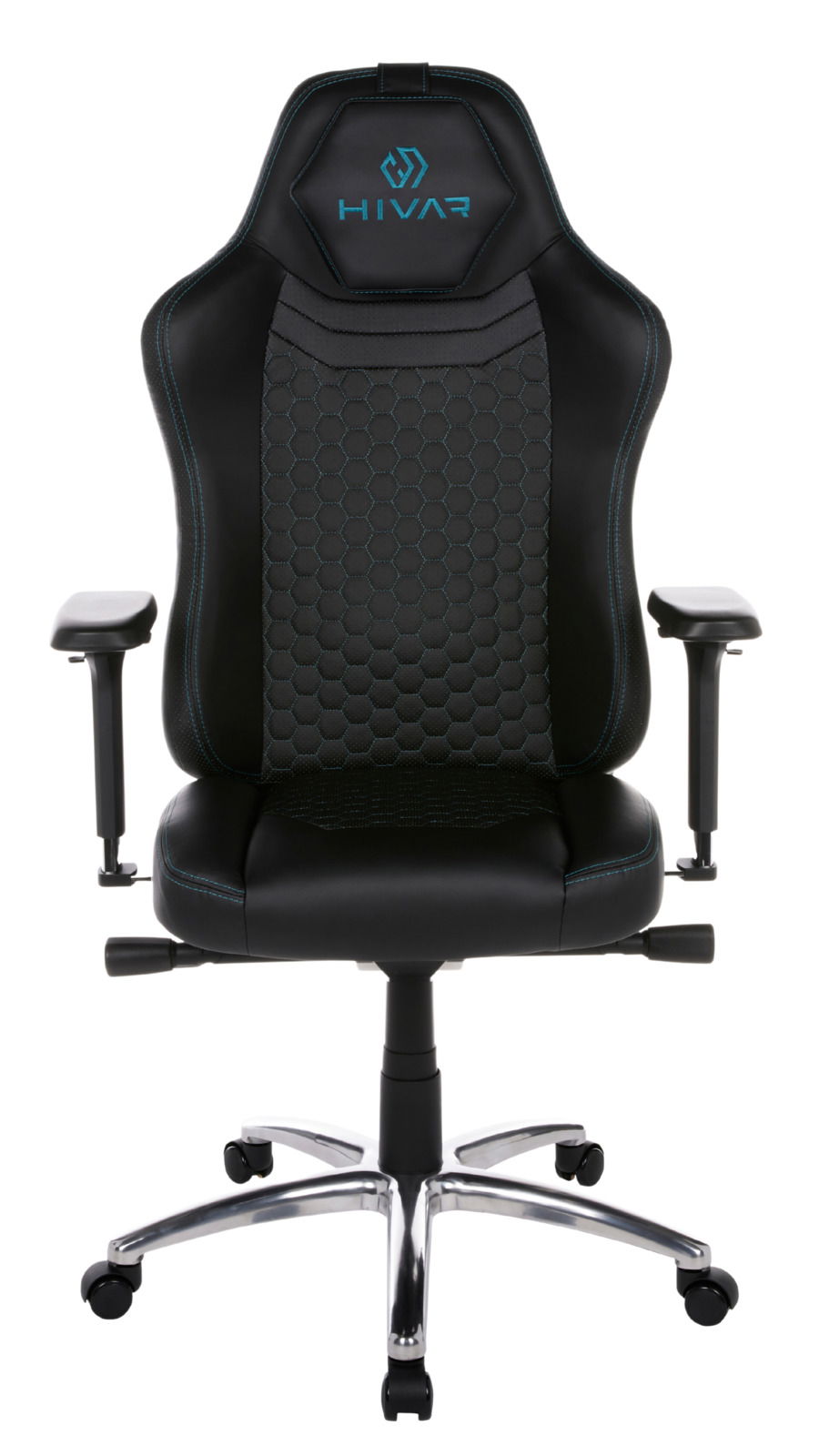 Gaming Stuhl in schwarzem Design mit blauen Akzenten, Vorderansicht