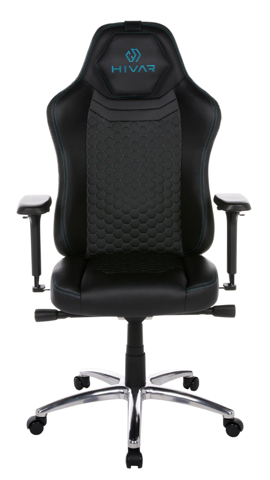 Gaming Stuhl in schwarzem Design mit blauen Akzenten, Vorderansicht