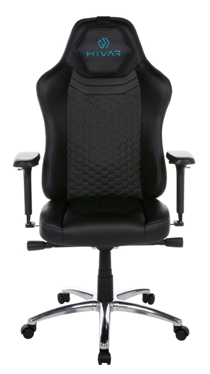 Gaming Stuhl in schwarzem Design mit blauen Akzenten, Vorderansicht