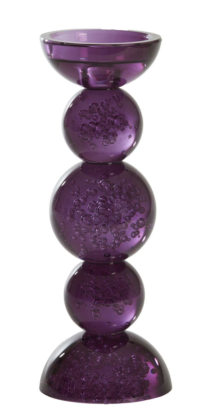 Lila Kerzenhalter aus Glas mit kugelförmigen Elementen, seitliche Perspektive