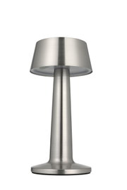 Moderne Akku-Tischleuchte aus gebürstetem Metall, frontal von unten fotografiert.