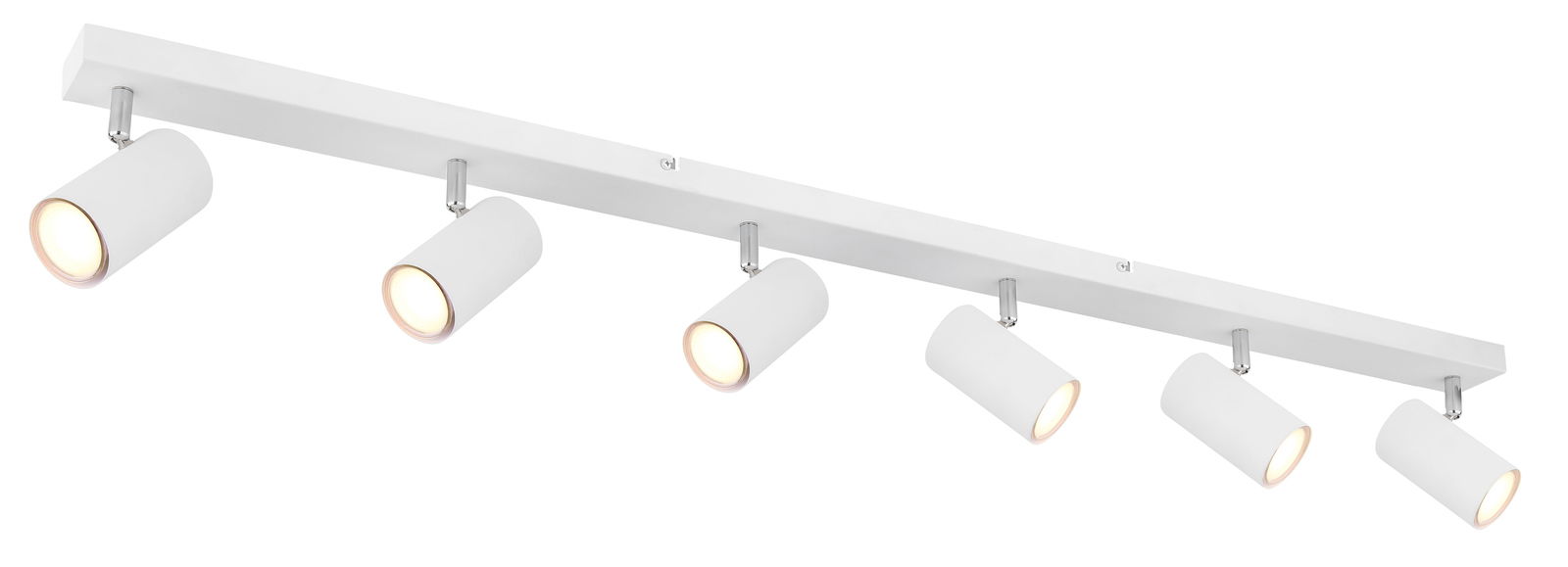 Moderner weißer Strahler mit sechs verstellbaren Leuchten, seitliche Perspektive