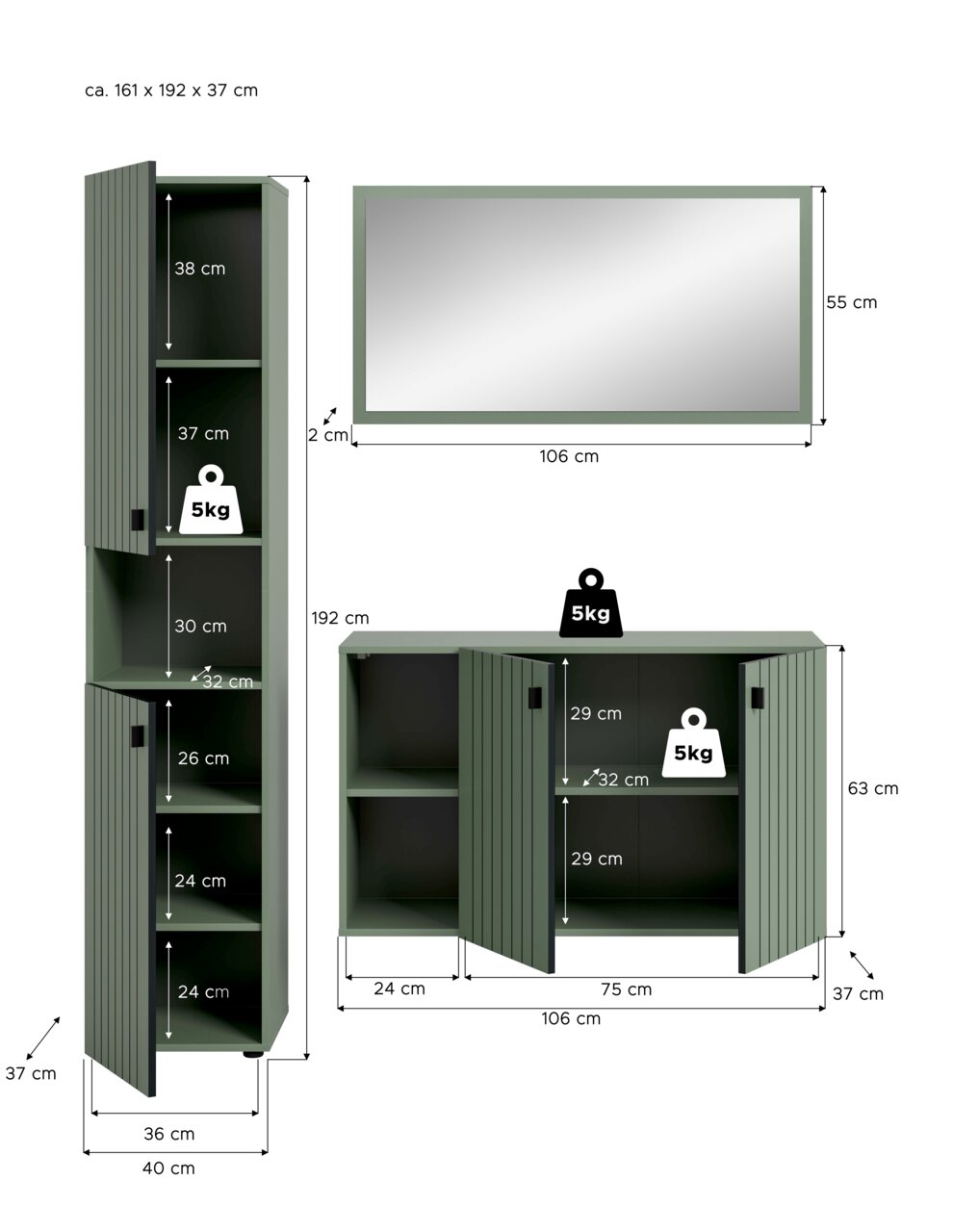 Maßgrafik eines grünen Badmöbel-Sets mit Hochschrank, Unterschrank und Wandspiegel; frontale Ansicht mit geöffneten Türen und eingezeichneten Maßen (Hochschrank ca. 161×40×37 cm, Unterschrank ca. 106×63×37 cm, Spiegel ca. 106×55×2 cm)