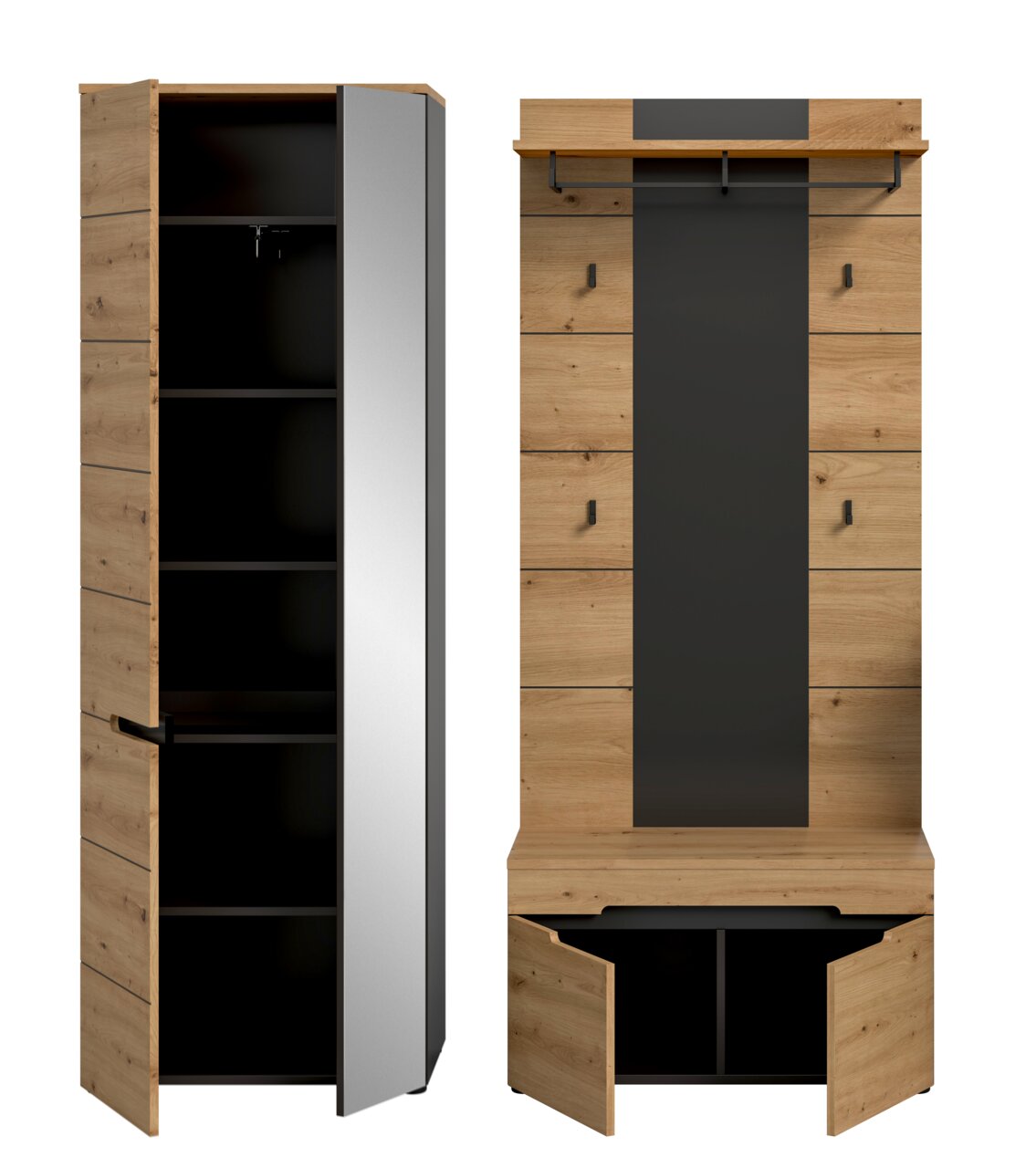 Garderobenmöbel-Set in Holzoptik mit schwarzer Rückwand: links hoher Schrank mit geöffneter Tür und dunklen Innenfächern, rechts Garderobenpaneel mit Hakenleiste und Sitzbank mit geöffneten Klappen, Frontansicht