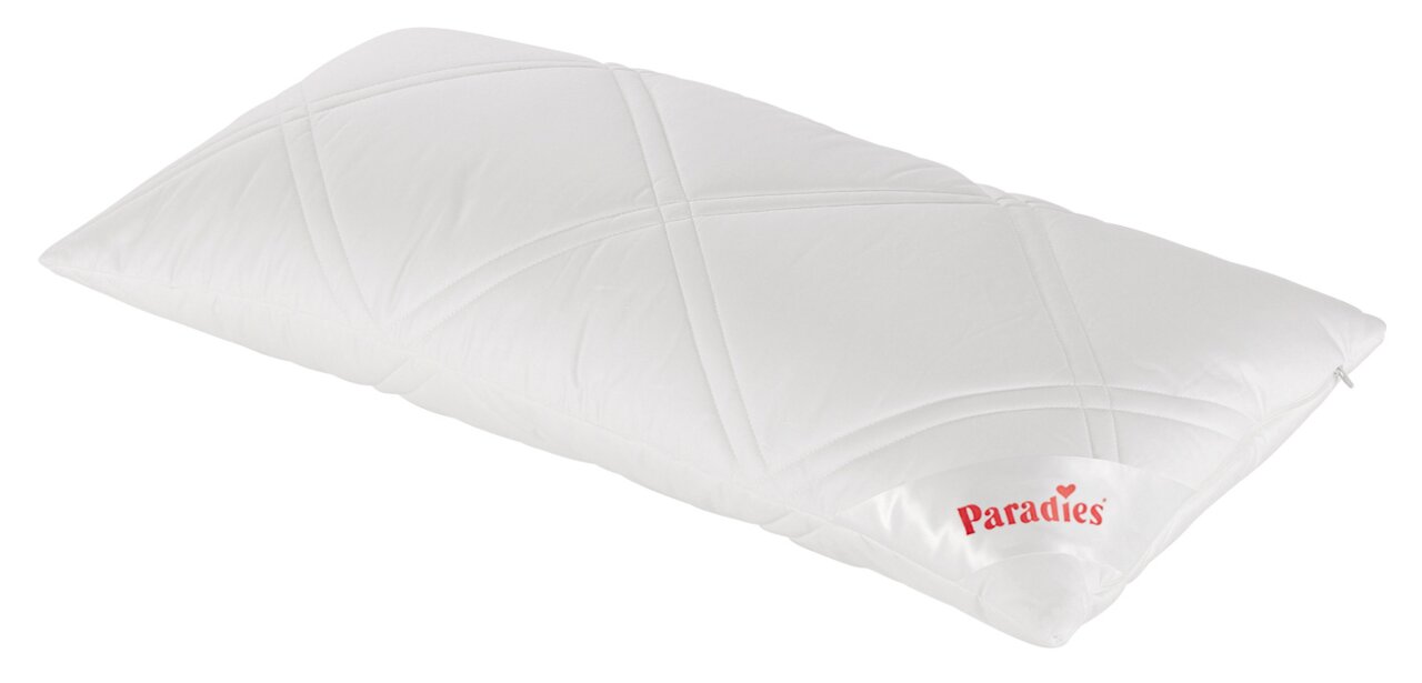 Weißes Paradies Softy Kissen JUNA PLUS BIO in schräger Perspektive mit sichtbarem Logo.