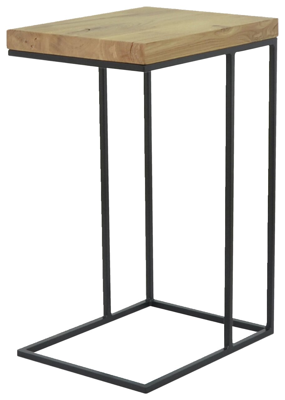 Moderner Beistelltisch mit Holzplatte und schwarzem Metallgestell, seitliche Perspektive