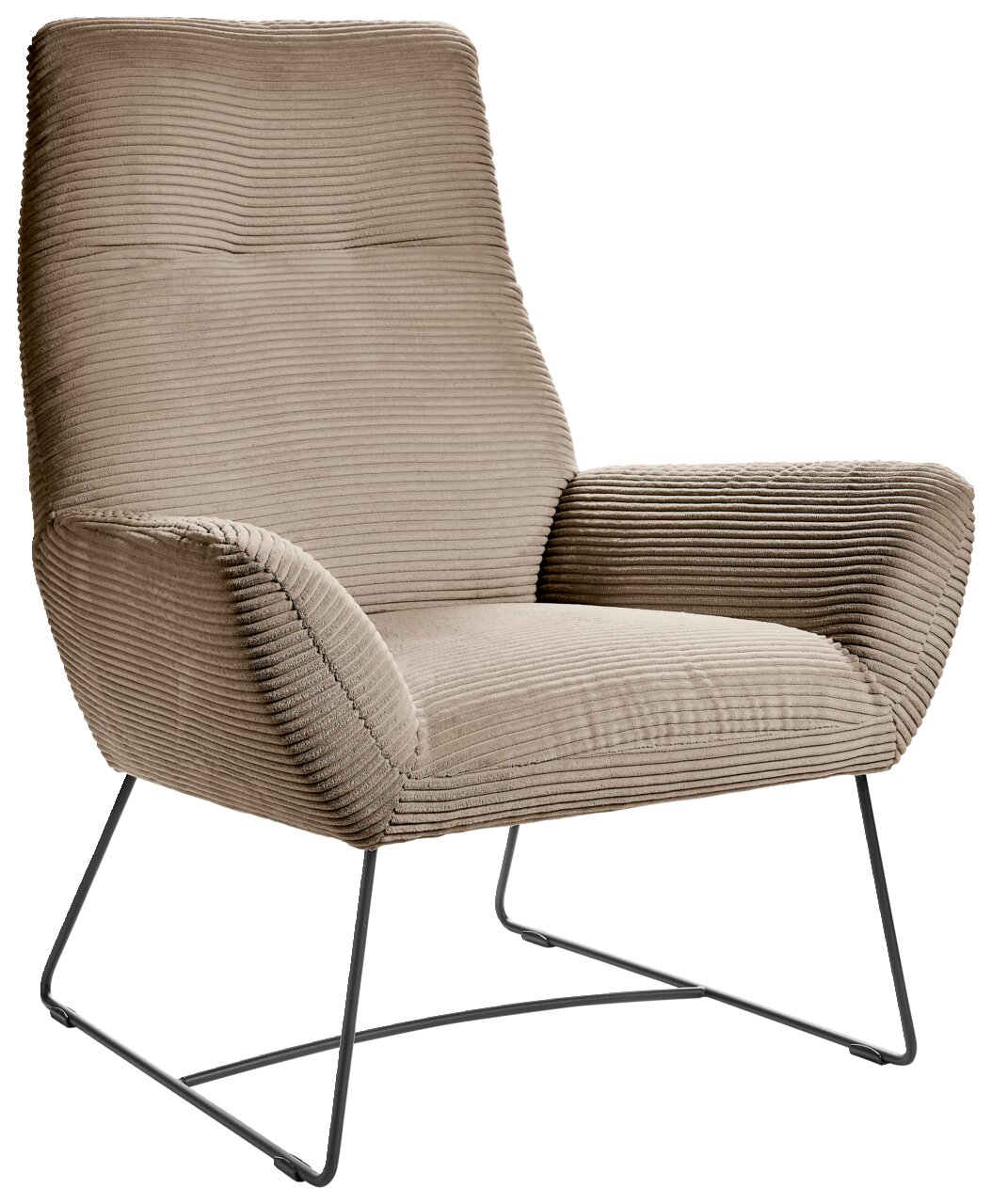 Moderner Sessel mit geripptem Stoffbezug in Beige, seitliche Perspektive