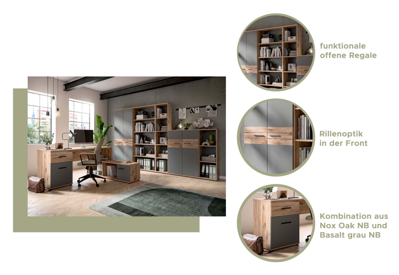 Moderne Büromöbelkombination mit funktionalen offenen Regalen, Rillenoptik in der Front und einer Kombination aus Nox Oak NB und Basalt grau NB, seitliche Perspektive.