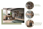 Moderne Büromöbelkombination mit funktionalen offenen Regalen, Rillenoptik in der Front und einer Kombination aus Nox Oak NB und Basalt grau NB, seitliche Perspektive.
