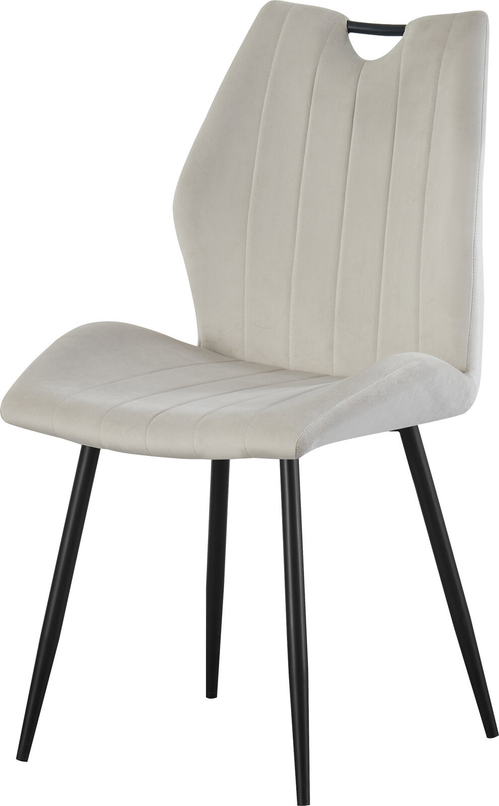 Beiger Polsterstuhl mit hoher, vertikal gesteppten Rückenlehne und schwarzem Metallgestell, schräg von vorne links fotografiert.