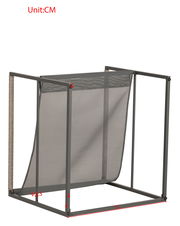 Seitliche Ansicht eines Lounge-Sessels mit grauem Metallrahmen und Netzbespannung.