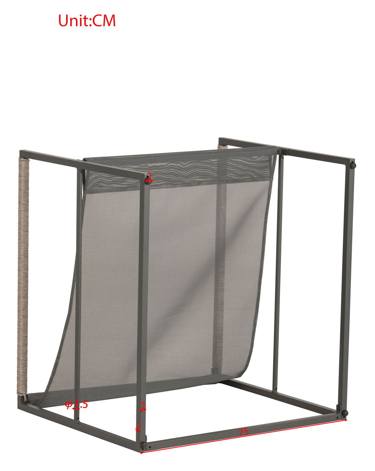 Seitliche Ansicht eines Lounge-Sessels mit grauem Metallrahmen und Netzbespannung.