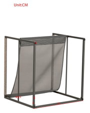 Seitliche Ansicht eines Lounge-Sessels mit grauem Metallrahmen und Netzbespannung.