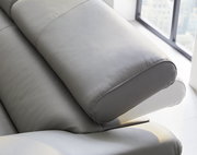 Nahaufnahme einer grauen Ledercouch mit verstellbarer Kopfstütze, seitliche Perspektive.