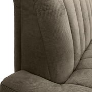 Nahaufnahme einer gepolsterten 2er-Sitzbank in braunem Stoff, seitliche Perspektive