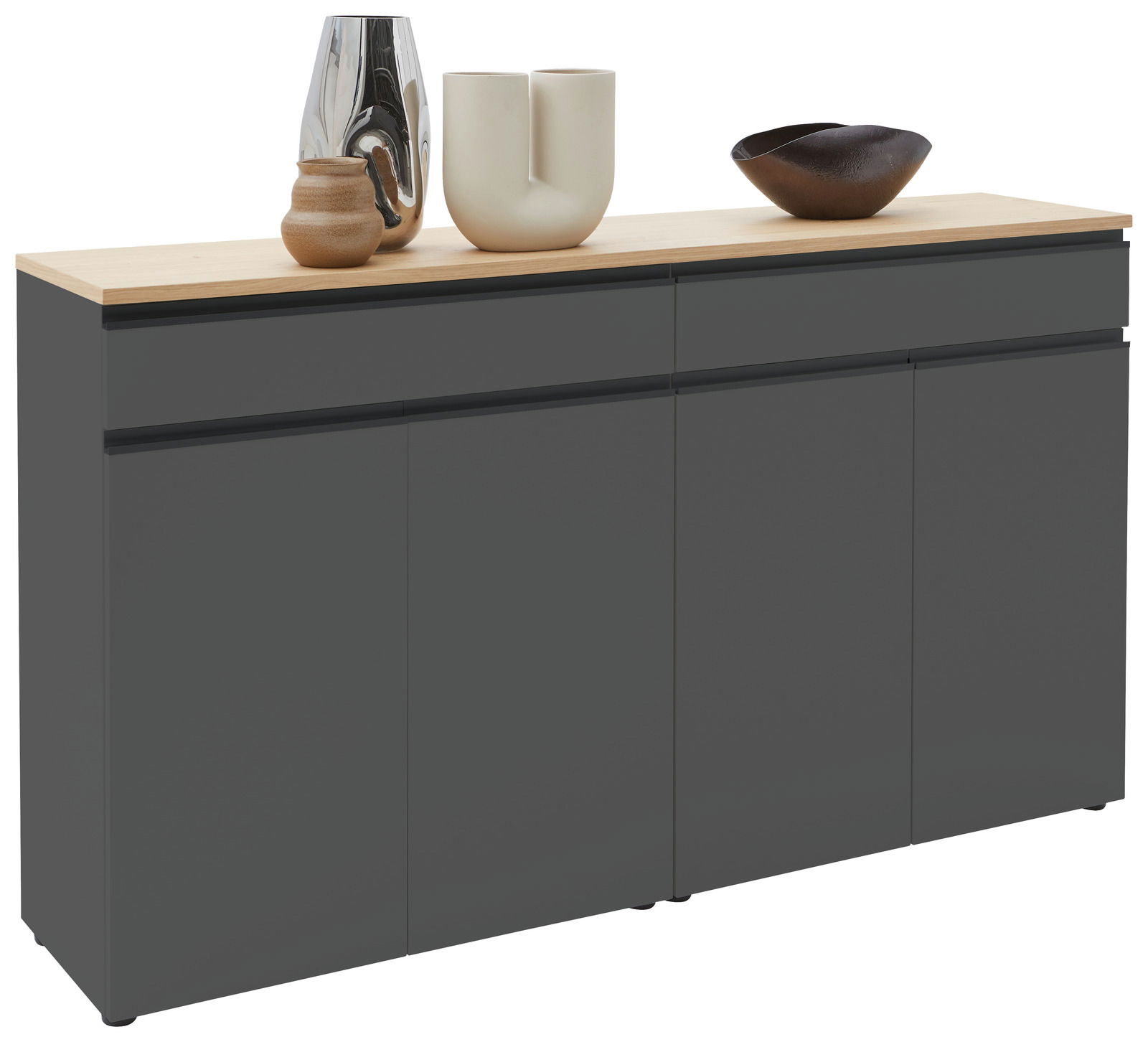 Modernes Sideboard in dunklem Grau mit Holzplatte, dekoriert mit stilvollen Vasen und Schalen, seitliche Perspektive