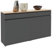 Modernes Sideboard in dunklem Grau mit Holzplatte, dekoriert mit stilvollen Vasen und Schalen, seitliche Perspektive