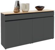 Modernes Sideboard in dunklem Grau mit Holzplatte, dekoriert mit stilvollen Vasen und Schalen, seitliche Perspektive