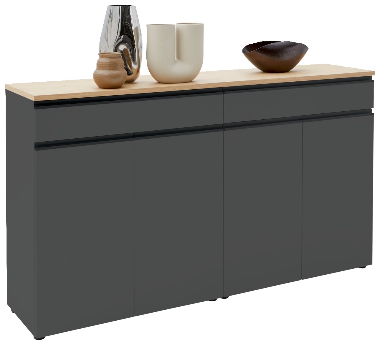 Modernes Sideboard in dunklem Grau mit Holzplatte, dekoriert mit stilvollen Vasen und Schalen, seitliche Perspektive