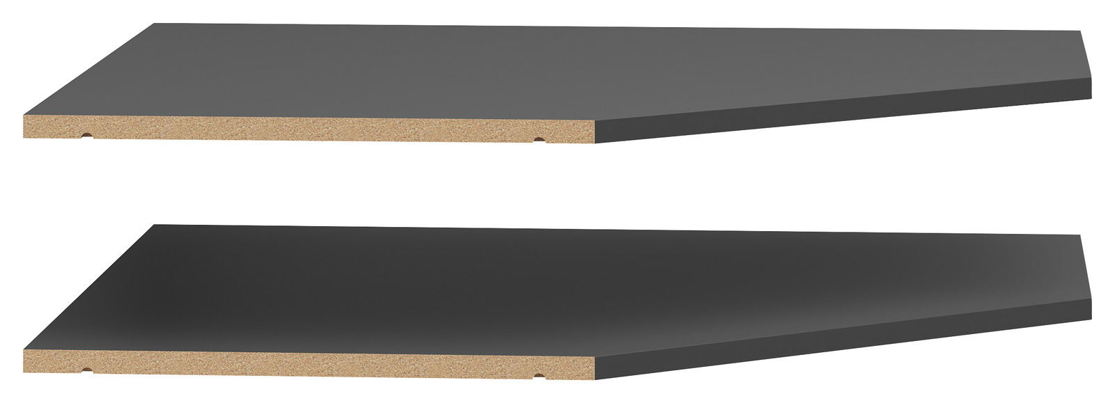 Zwei schwarze Eckböden aus Holzwerkstoff, perspektivisch von der Seite gezeigt.