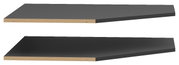 Zwei schwarze Eckböden aus Holzwerkstoff, perspektivisch von der Seite gezeigt.