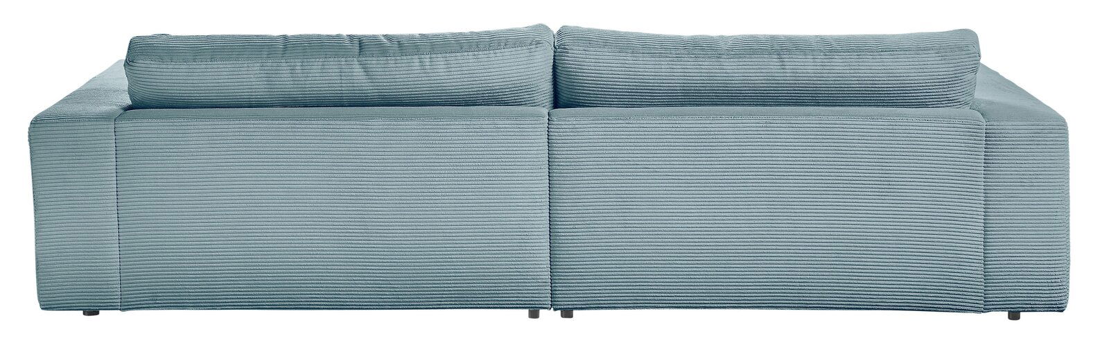 Rückansicht eines kleinen Megasofas in hellblauem Cordstoff