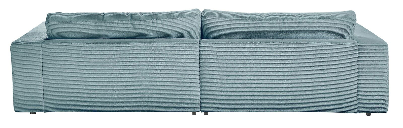 Rückansicht eines kleinen Megasofas in hellblauem Cordstoff