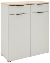 Moderner Schuhschrank in Weiß mit zwei Schubladen und zwei Türen, seitliche Perspektive