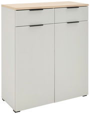 Moderner Schuhschrank in Weiß mit zwei Schubladen und zwei Türen, seitliche Perspektive