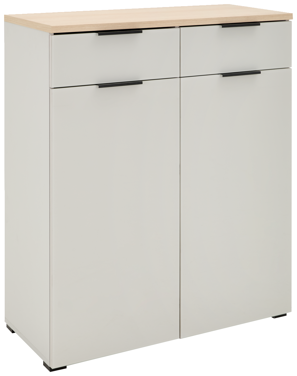 Voleo Schuhschrank NEW YORK Moderner Schuhschrank in Weiß mit zwei Schubladen und zwei Türen, seitliche Perspektive